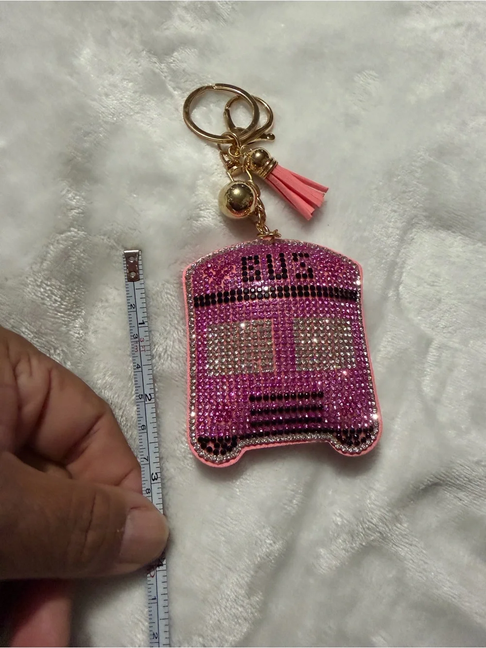 Plushy Pink Rhinestone Bus Keychain Charm with Tassel